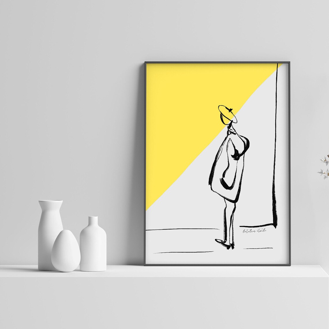 Parisian Woman Yellow Color Block Minimalist Fashion Line Art Poster - Image 3