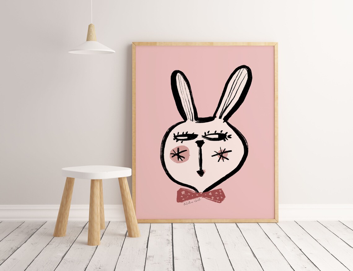 Blushing Bunny Bow Tie Pink Ink Nursery Animal Portrait Poster - Image 3