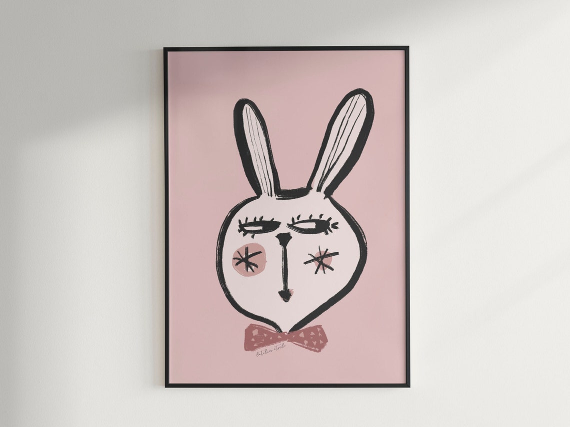 Blushing Bunny Bow Tie Pink Ink Nursery Animal Portrait Poster - Image 2