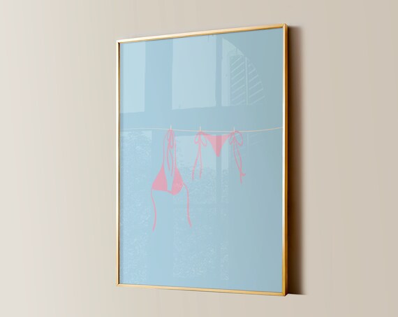Pink Bikini on Clothesline Minimalist Beach Summer Art Poster