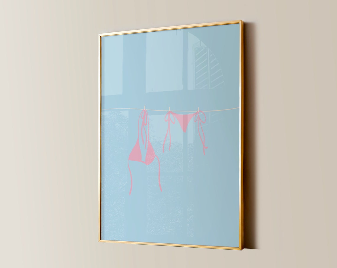 Pink Bikini on Clothesline Minimalist Beach Summer Art Poster