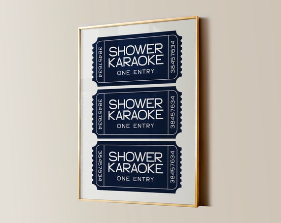 Shower Karaoke Ticket Print Funny Bathroom Decor Trendy Wall Art Girly Preppy Aesthetic Shower Singing Poster Navy Retro Coastal Home