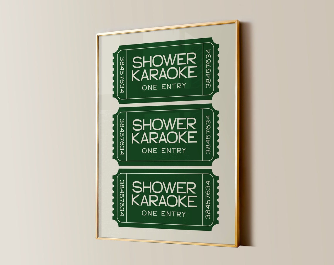 Green Shower Karaoke Ticket Stub Set Funny Bathroom Art Poster