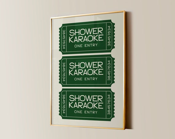 Shower Karaoke Ticket Print Funny Bathroom Decor Trendy Wall Art Girly Preppy Aesthetic Shower Singing Poster Green Retro Home Decor