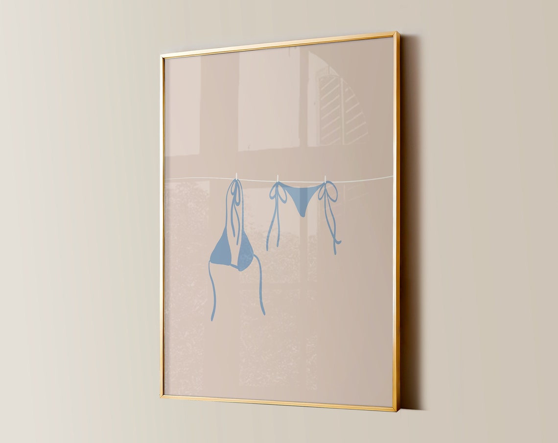 Blue Bikini on Clothesline Minimalist Beach Summer Art Poster