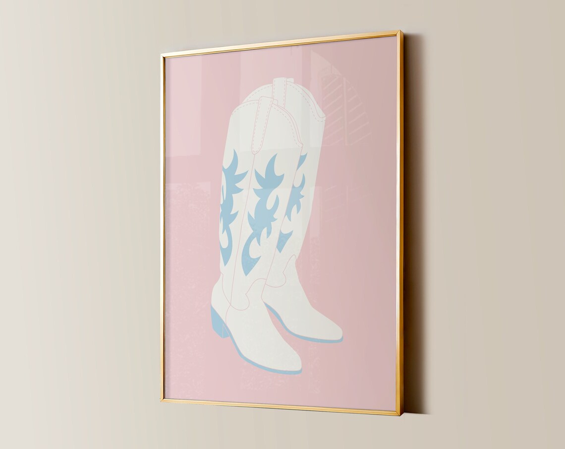 White Cowboy Boots with Blue Stitching on Pink Western Art Poster