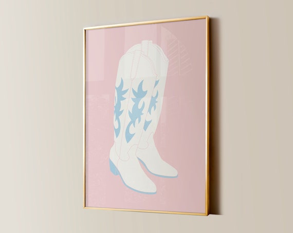 Cowgirl Boots Print College Apartment Decor Retro Y2k Dorm Room Posters Trendy Wall Art Light Pink And Blue Girly Preppy Aesthetic