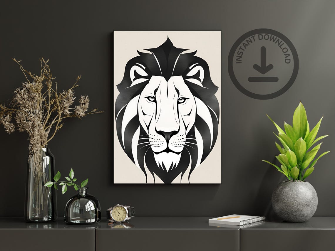 Lion Head Geometric Black White Minimalist Ink Portrait Art Poster - Image 3