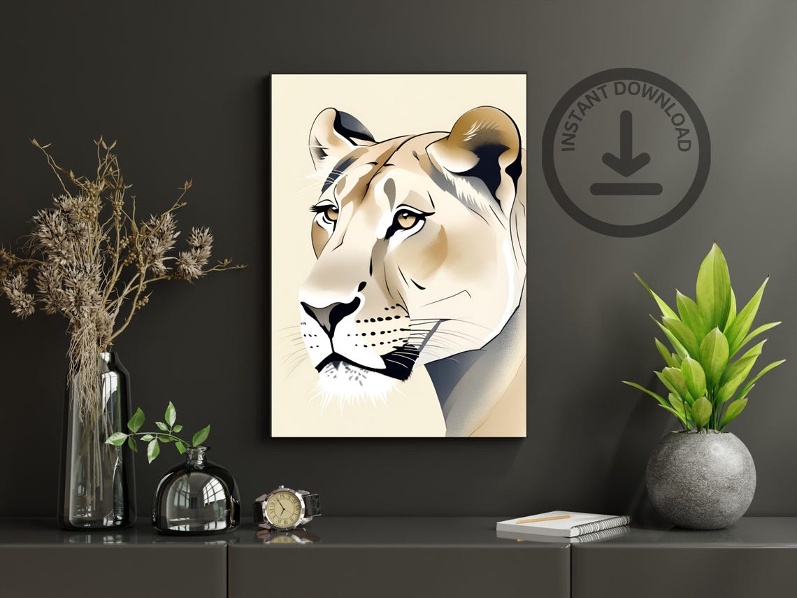Lioness Portrait Elegant Wildlife Face Beige Minimalist Art Poster - Image 3
