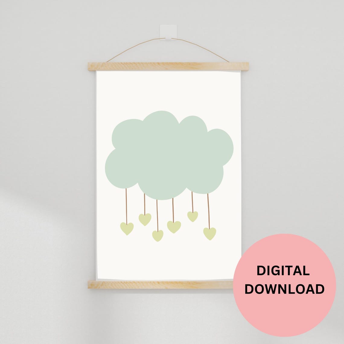 Sage Green Cloud With Hanging Hearts Minimalist Nursery Art Print - Image 2
