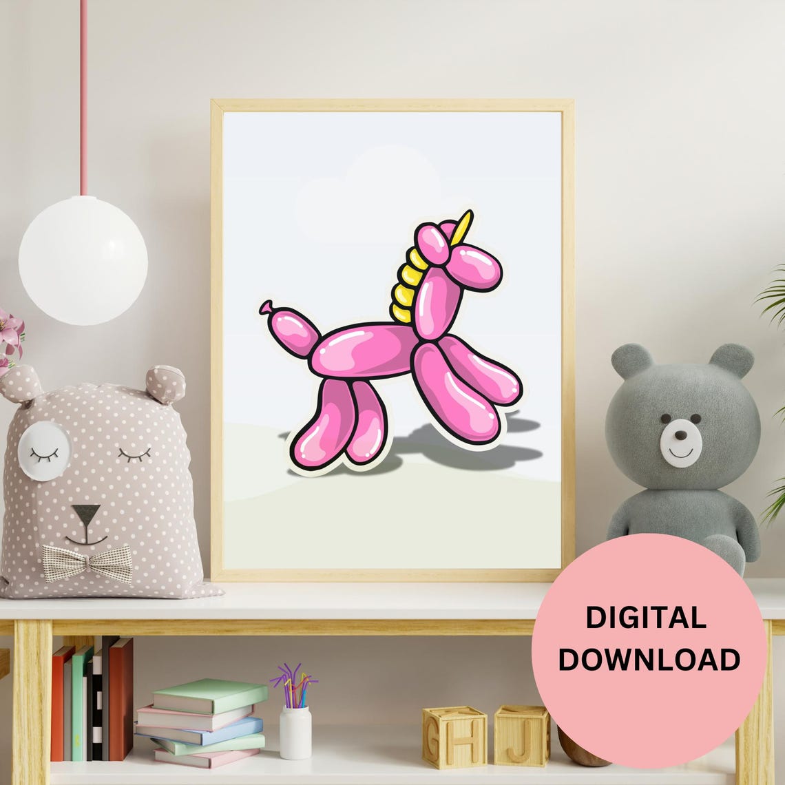 Pink Balloon Unicorn Cute 3D Balloon Animal Kids Nursery Poster - Image 3
