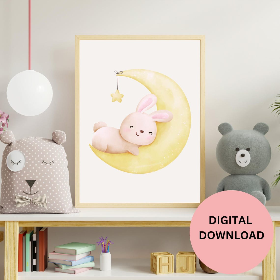 Sleeping Bunny on Crescent Moon Watercolor Nursery Night Art Print - Image 2