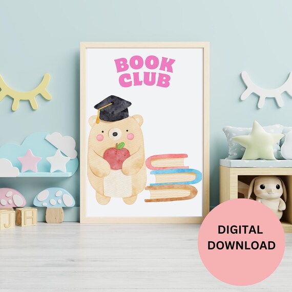 Book Club Bear Graduation Cap Apple Cute Kids Reading Art Print