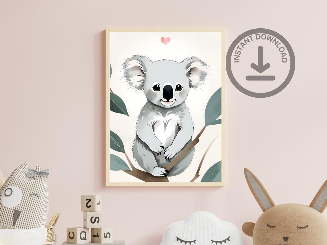 Baby Koala Watercolor Portrait Cute Eucalyptus Nursery Art Poster