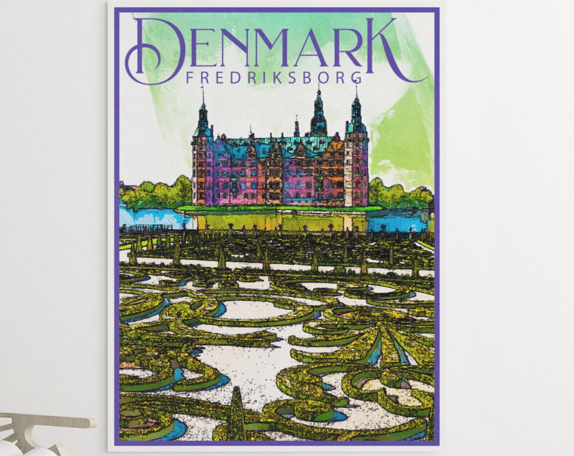 Denmark Frederiksborg Castle Baroque Gardens Vintage Travel Poster