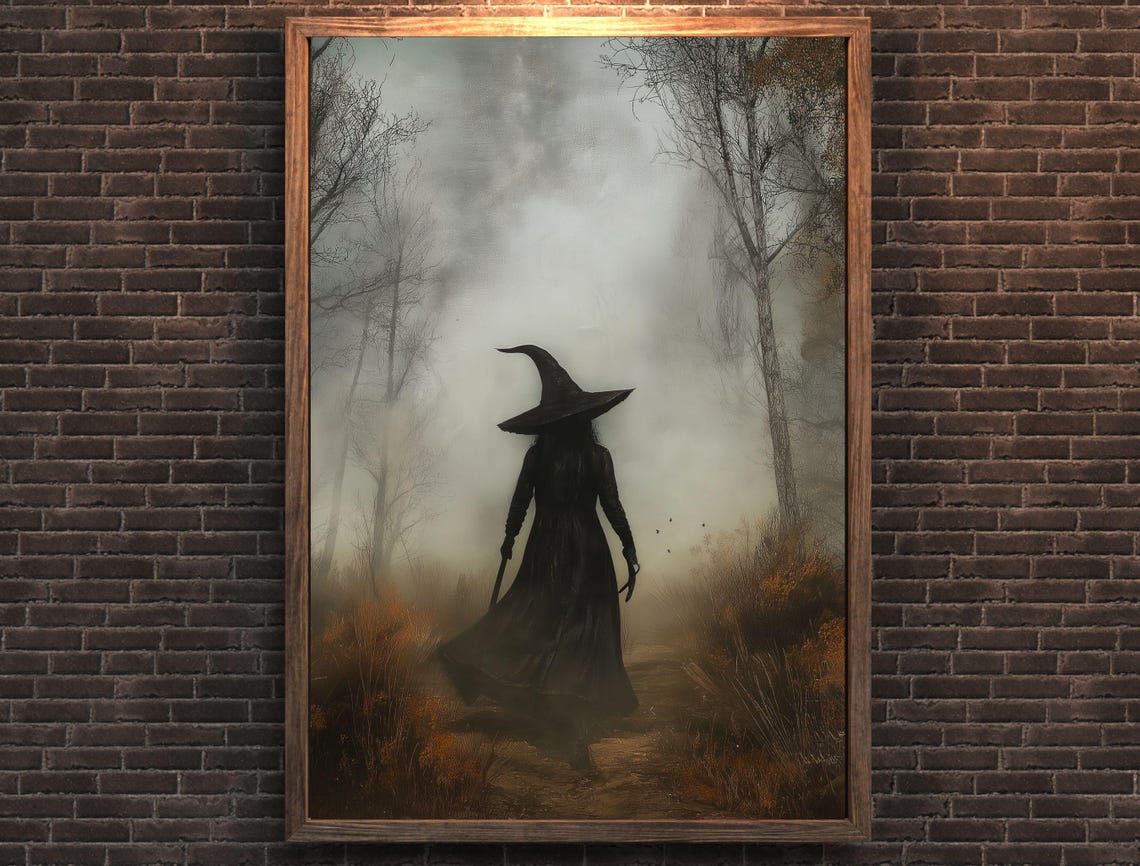 Witch Silhouette Walking Away Into a Misty Autumn Forest Poster - Image 6