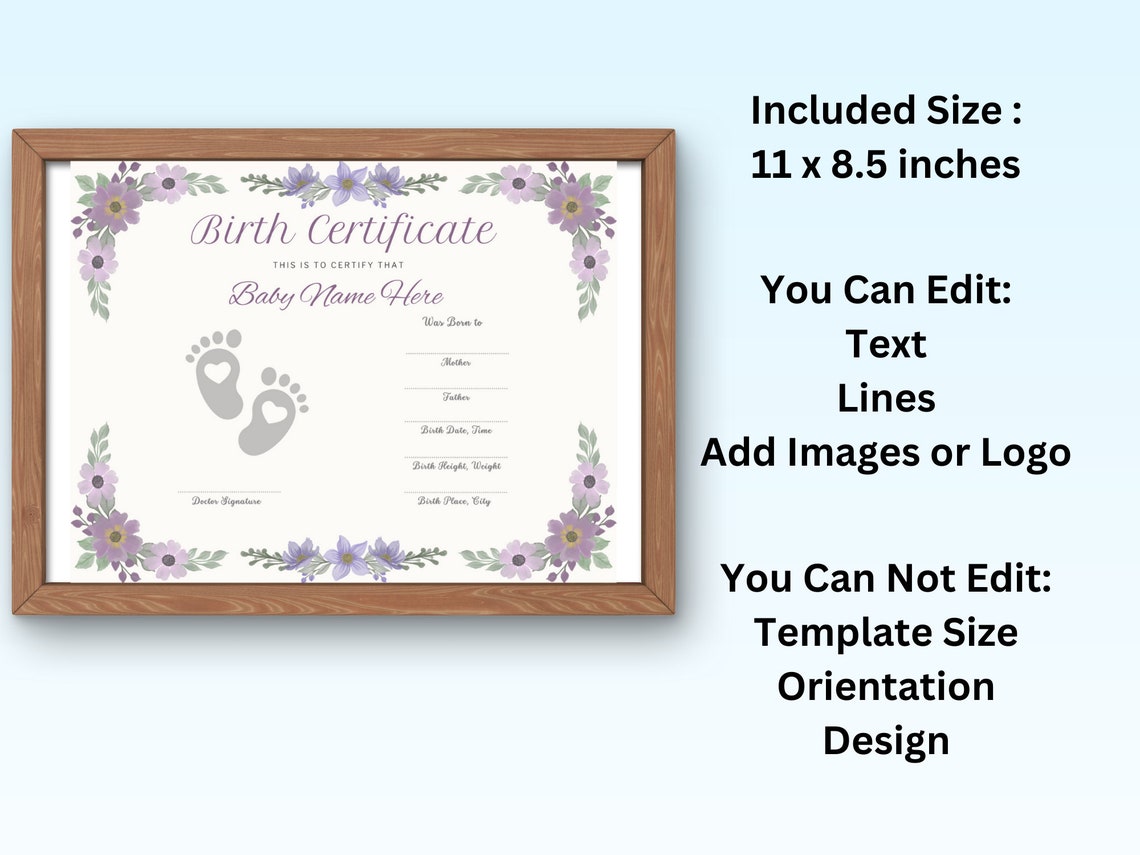 Baby Birth Certificate Keepsake Floral Template Footprint Print - Image 4