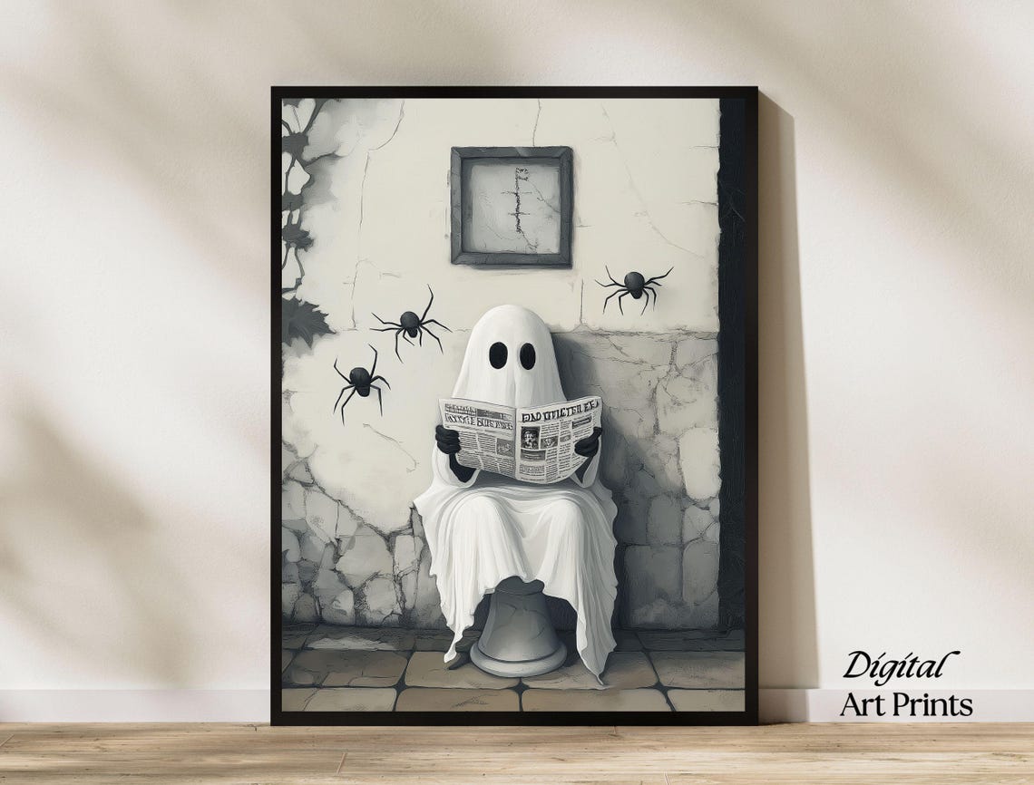 Sheet Ghost Reading a Newspaper on a Toilet Spooky Art Poster
