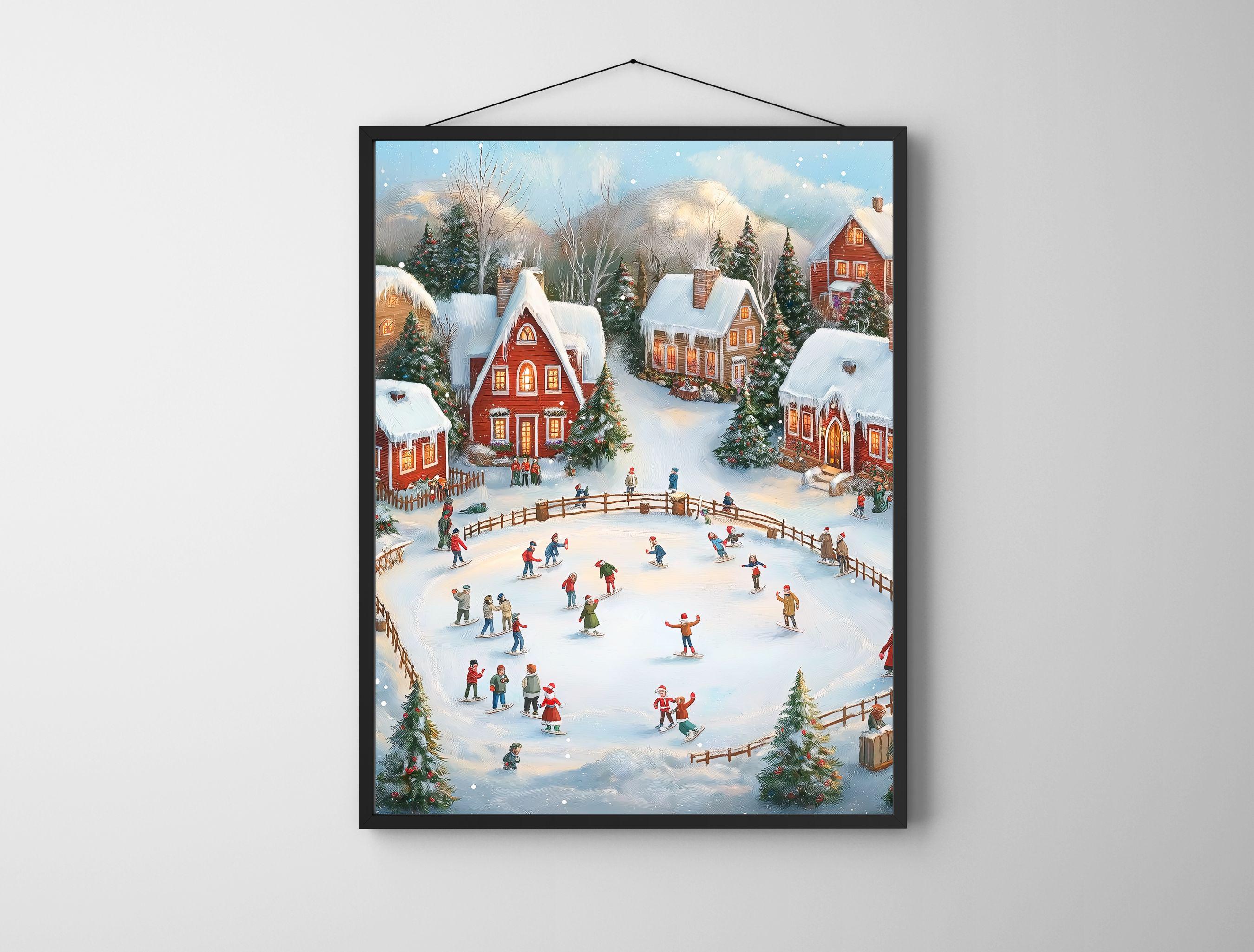 Snowy Christmas Village Ice Skating Scene Vintage Winter Town Poster - Image 6