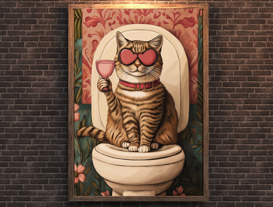 Funny Tabby Cat Heart Sunglasses Toilet Cocktail Humor Art Print - Image 7