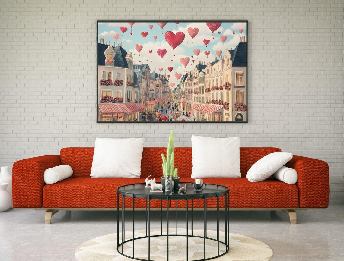 Parisian Street Heart Balloons Romantic City Scene Art Print - Image 2