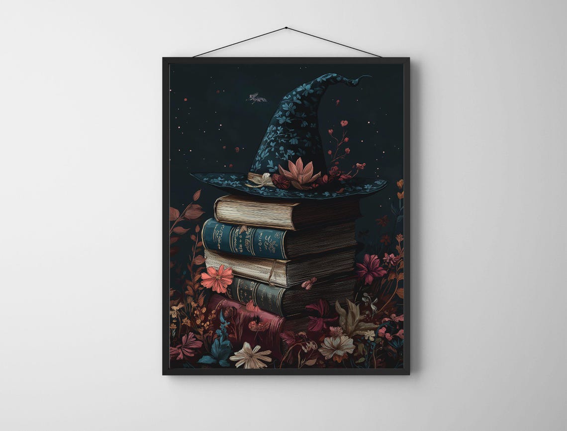 Witch Hat on Stack of Spell Books Floral Night Sky Halloween Poster - Image 5