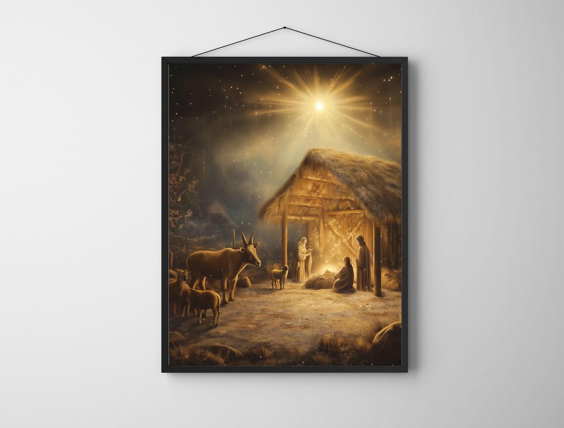 Holy Golden Nativity Scene Manger Star Night Christmas Art Print - Image 6