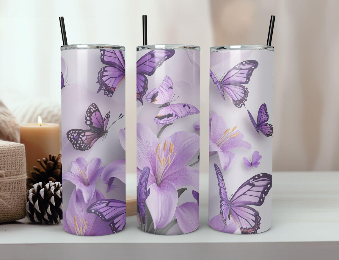 Butterflies Floral Purple 20oz Skinny Seamless Tumbler Wrap Png Sublimation Tumbler Template - Image 6