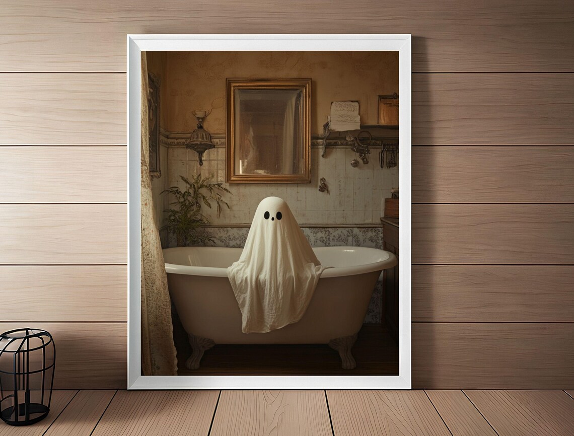 Cute Little Ghost Sitting in a Vintage Clawfoot Bathtub Poster - Image 2