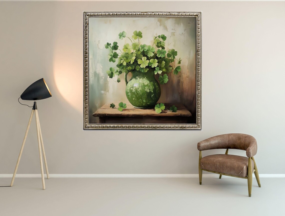 Vintage Green Pitcher of Shamrocks Rustic Still Life Art Print - Image 5