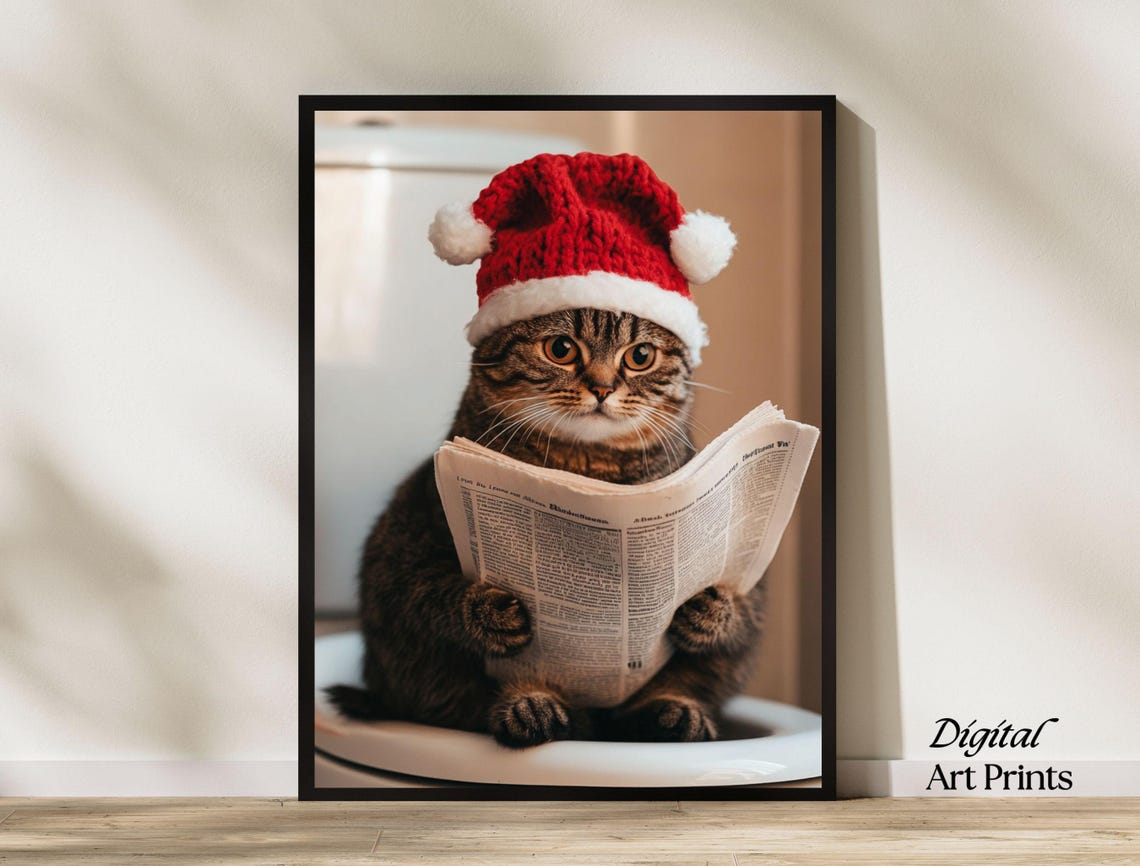 Funny Christmas Cat in Santa Hat Reading Newspaper Bathroom Poster