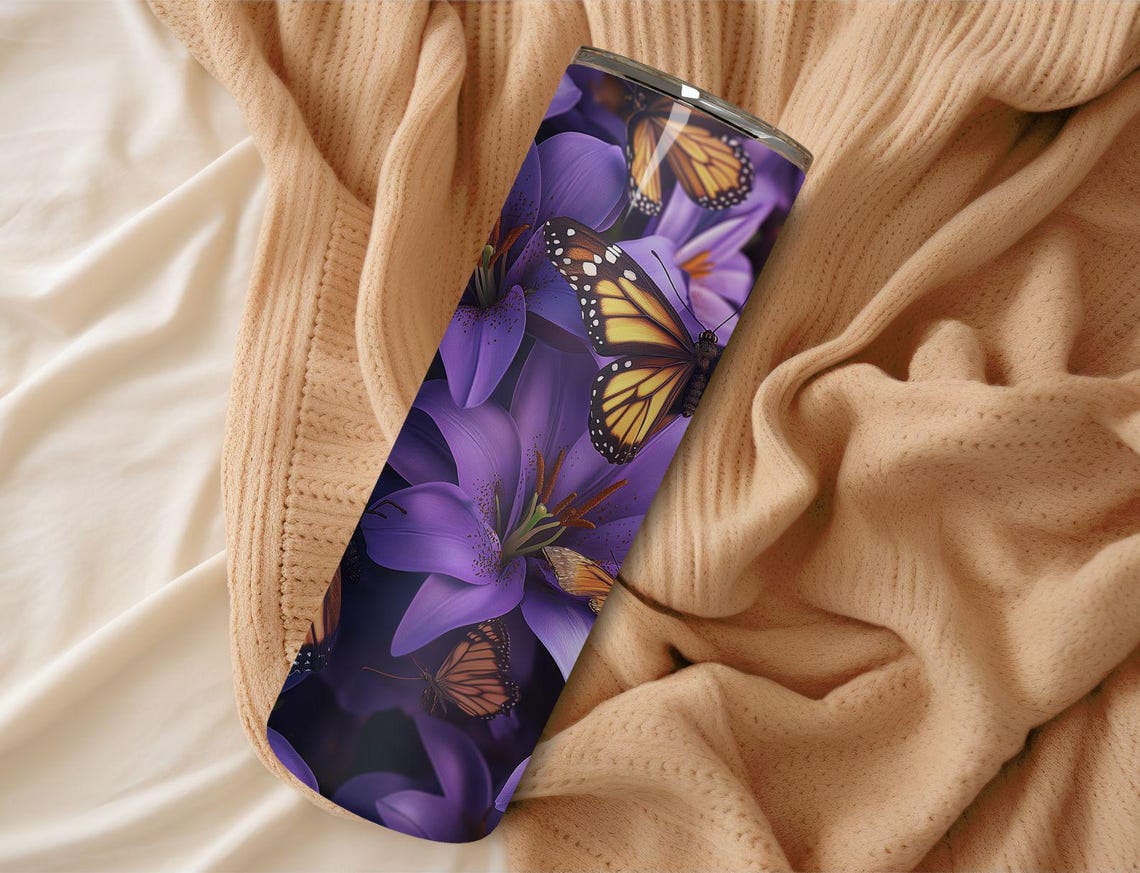 3d Purple Flowers Butterfly Tumbler Wrap Png Straight Skinny Tumbler Wrap 20oz Sublimation Skinny Floral Tumbler Designs - Image 5