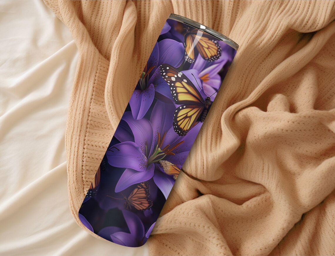 Monarch Butterfly Purple Lily Floral Tumbler Wrap Design Print - Image 5