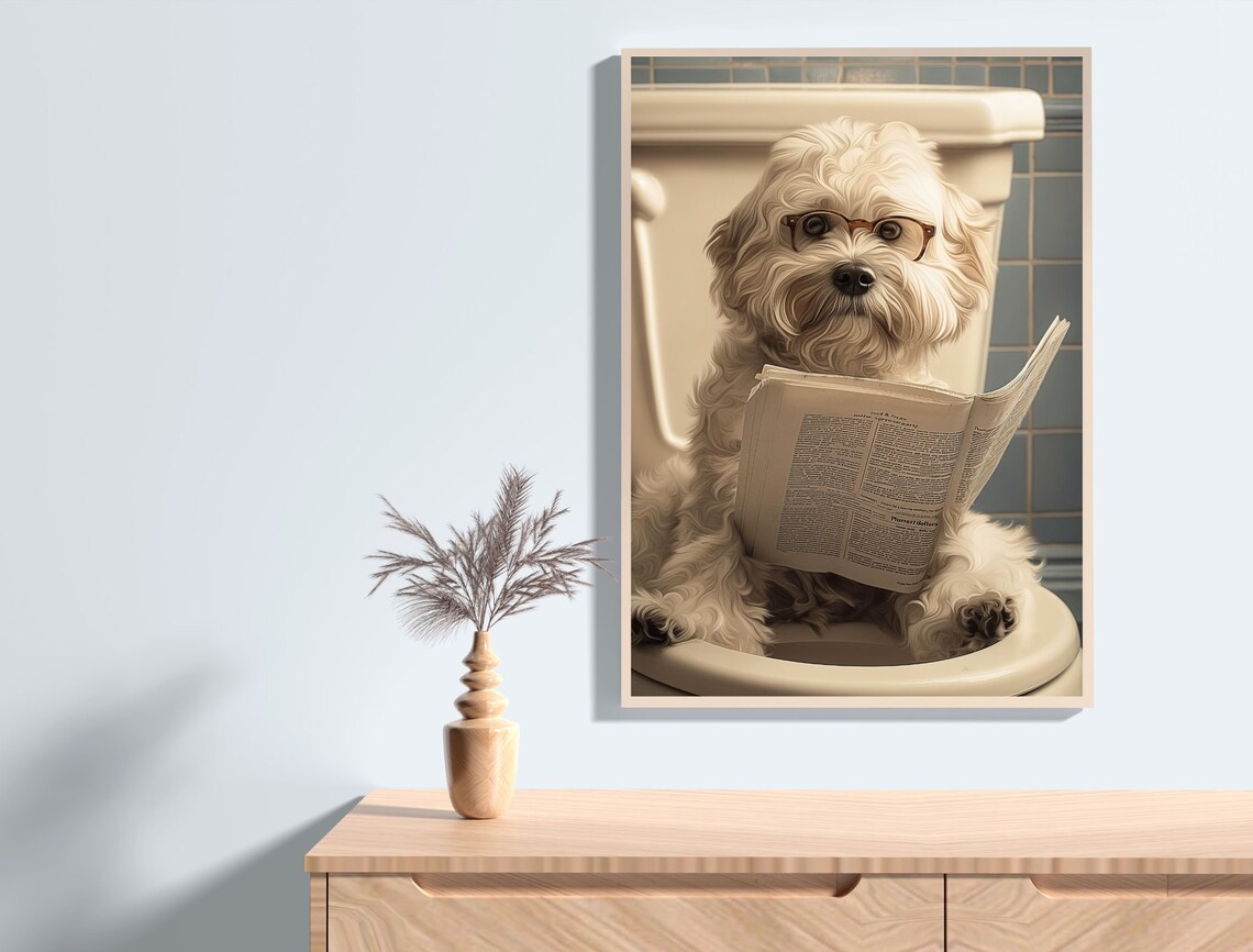 Funny White Dog Reading Newspaper on Toilet Vintage Bathroom Poster - Image 4