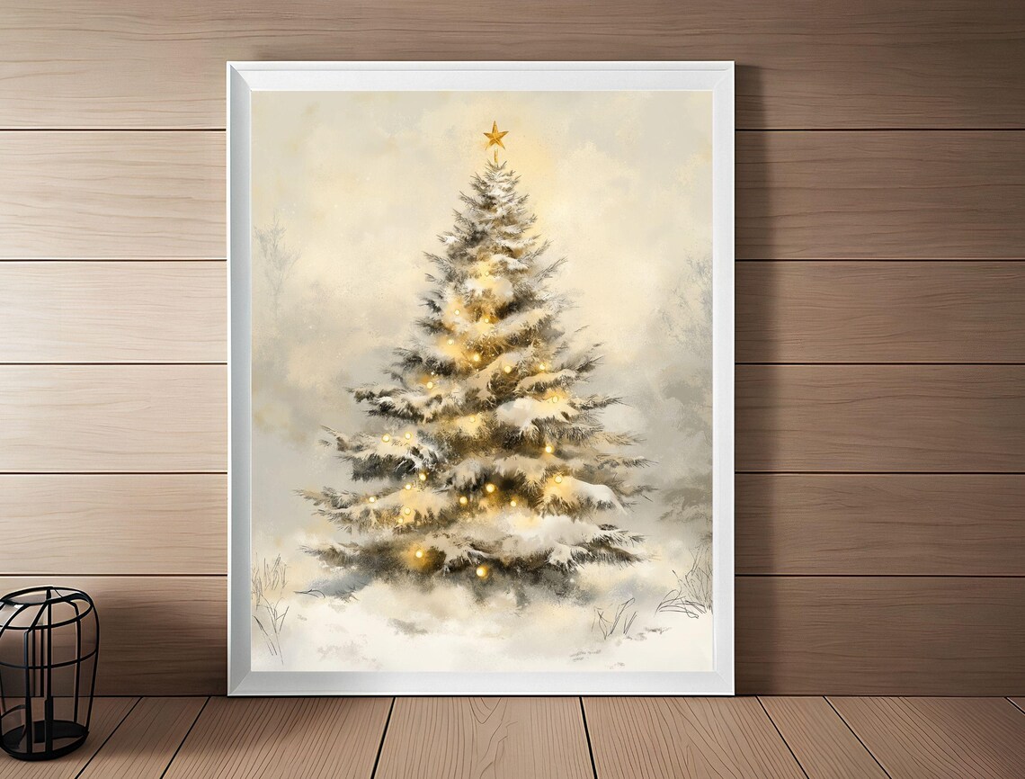 Snowy Vintage Christmas Tree With Warm Lights Neutral Holiday Poster - Image 3