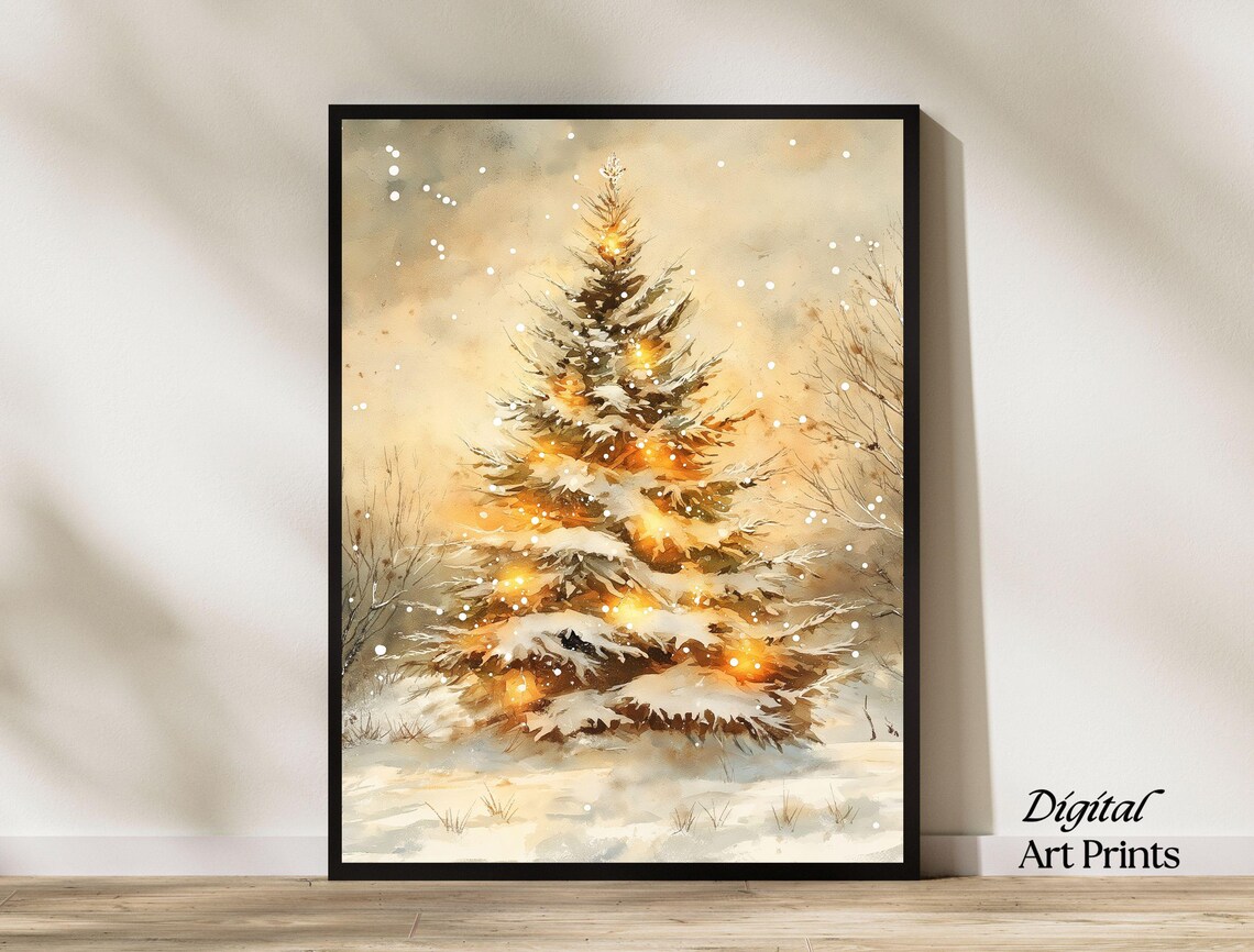 Glowing Snow Covered Pine Tree Winter Watercolor Holiday Poster