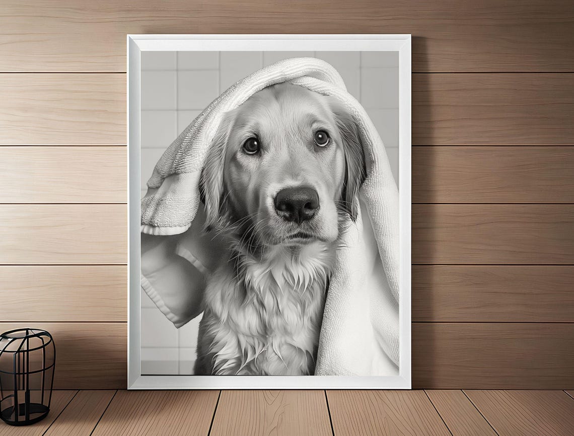 Bathroom Art Golden Retriever Gifts Toilet Humor Bathroom Wall Art Kids Bathroom Whimsy Animal Art Kids Art Bathroom Decor Towel - Image 2