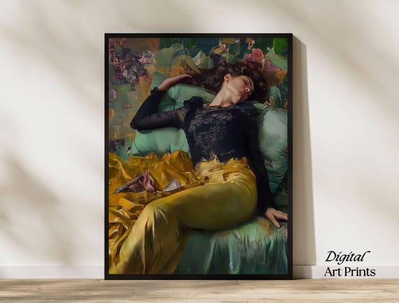 Decadent Young Woman Woman Portrait Vintage Wall Art Emerald Green Art After The Dance Moody Wall Decor