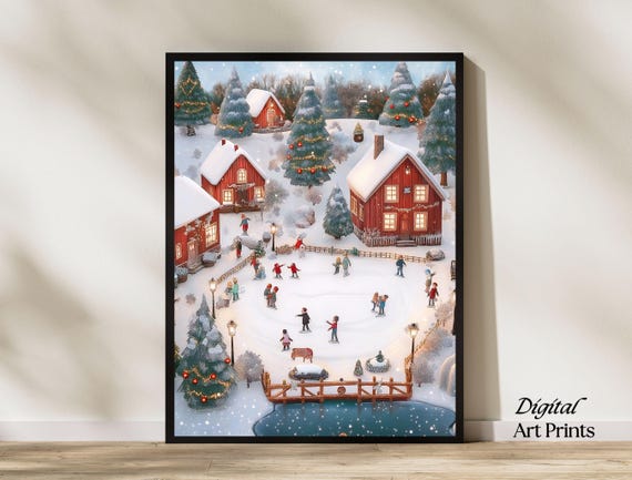 Christmas Town Wall Art Snowy Winter Village Print Cute Winter Town Art Christmas Wall Decor Instant