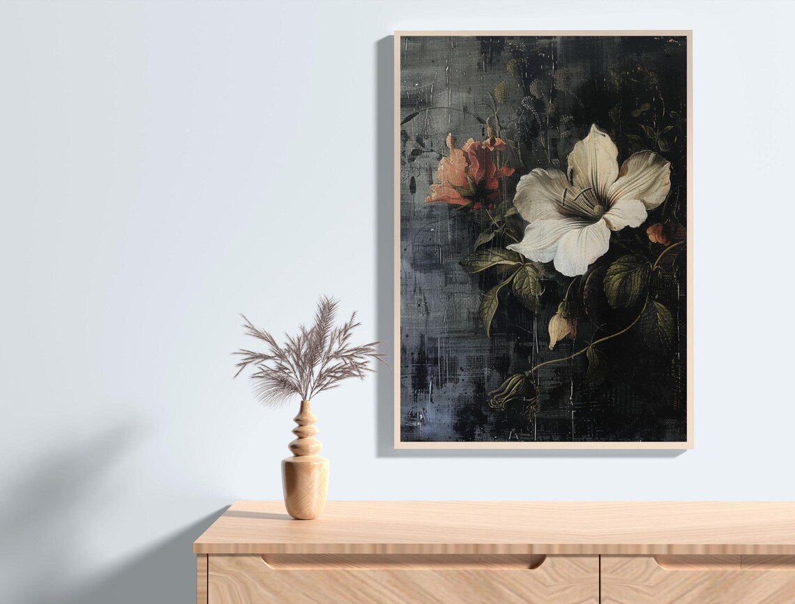 Dark Moody White Lily Bloom Vintage Floral Oil Painting Art Print - Image 3