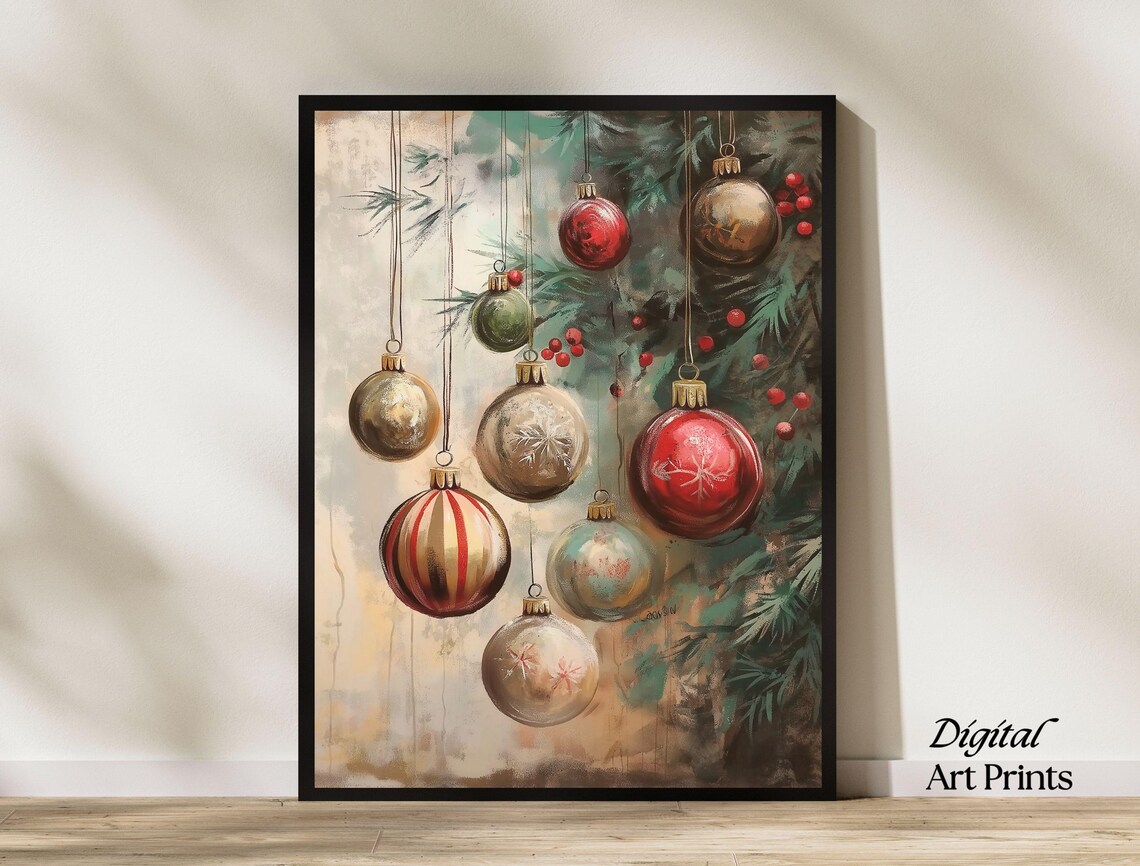 Vintage Christmas Ornaments Hanging Baubles Pine Holiday Art Poster