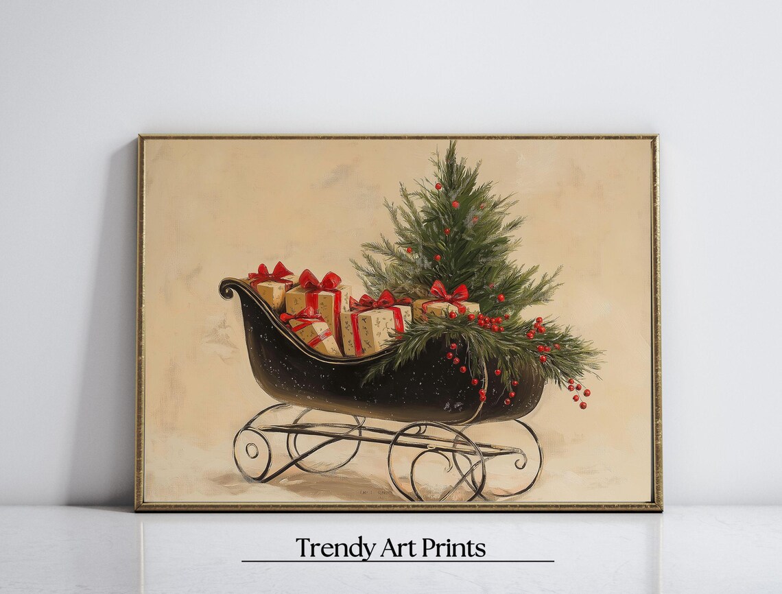 Vintage Christmas Sleigh with Gifts and Tree Rustic Holiday Poster - Image 7
