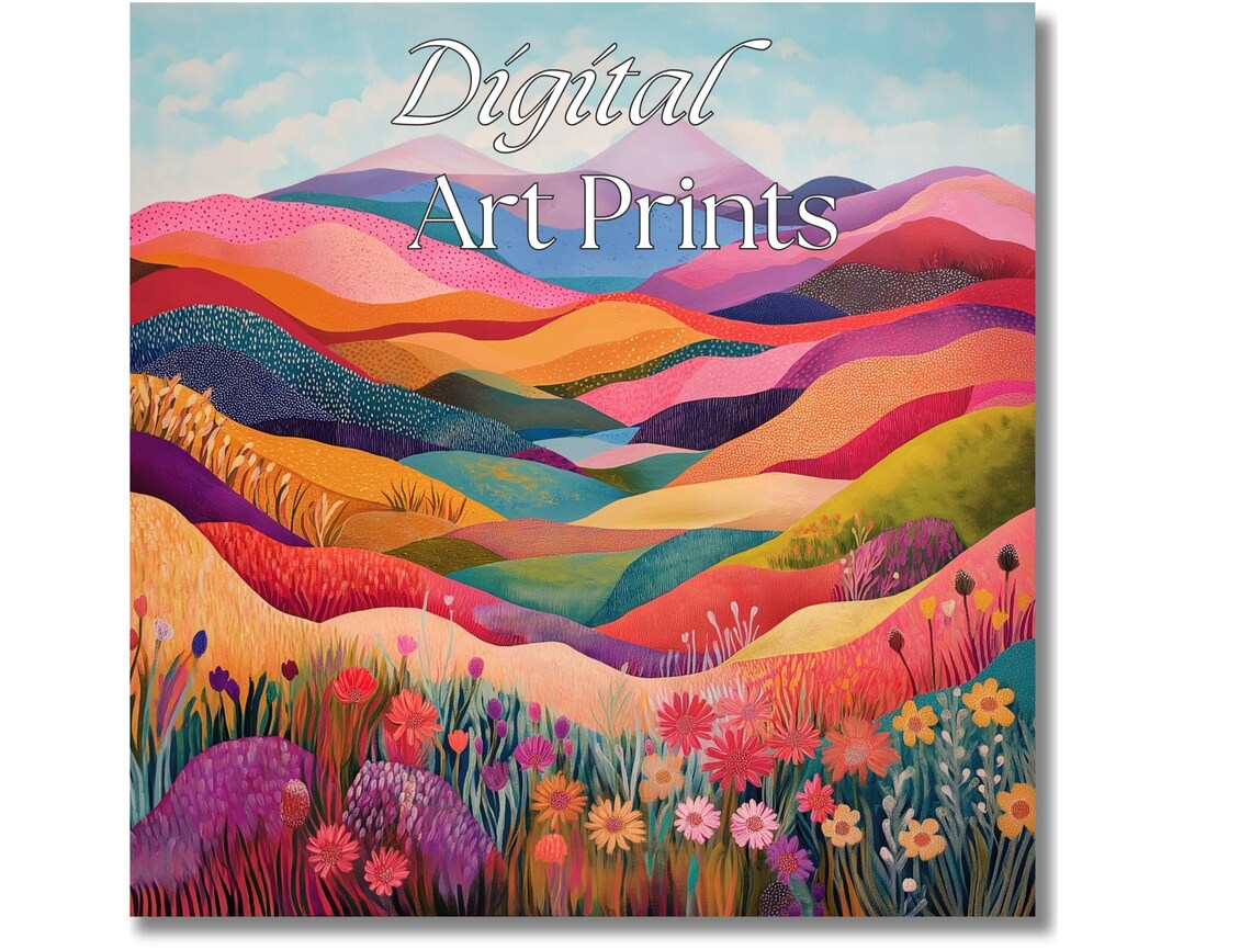 Vivid Colorful Layered Mountain Hills Wildflower Meadow Art Print - Image 2