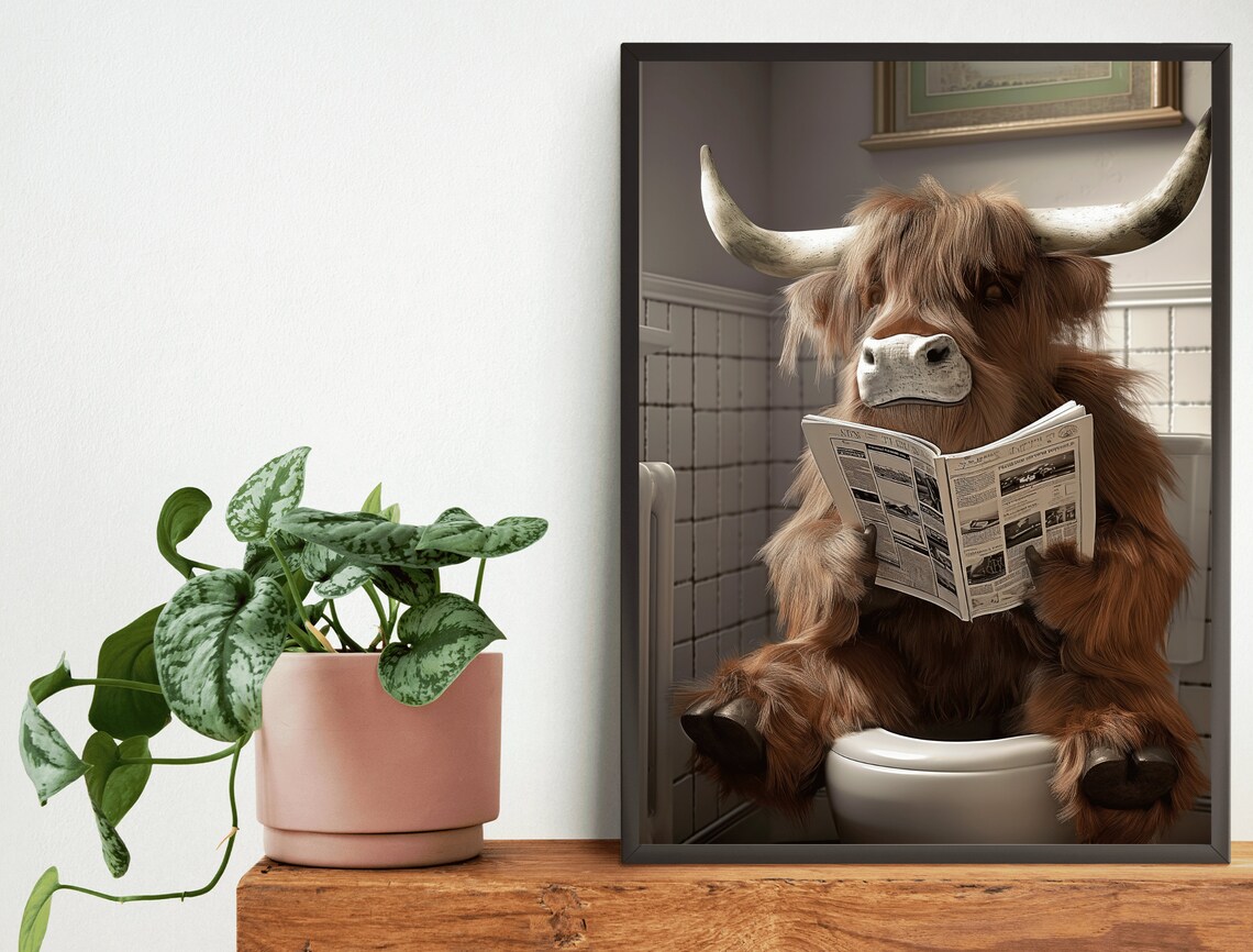 Funny Highland Cow Sitting on Toilet Reading Newspaper Poster - Image 2