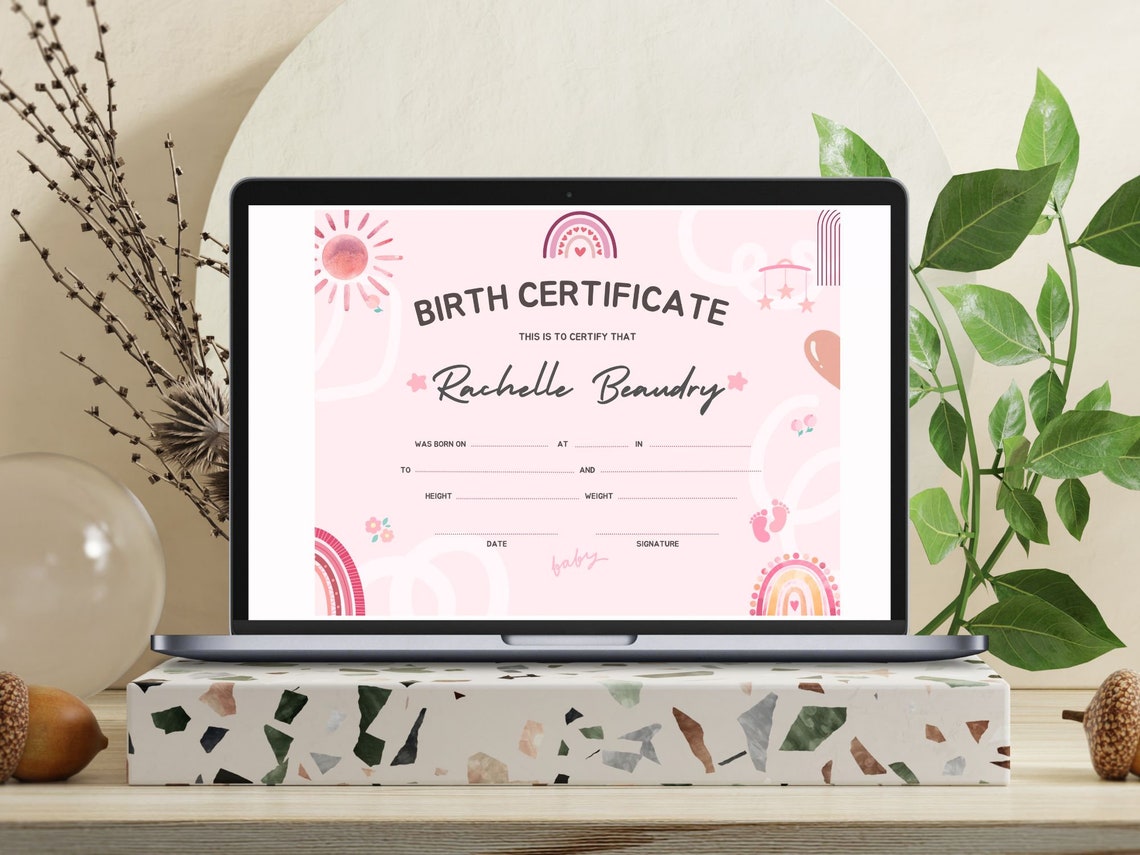 Editable Baby Birth Certificate Template Pink Boho Rainbow Canva Print - Image 3