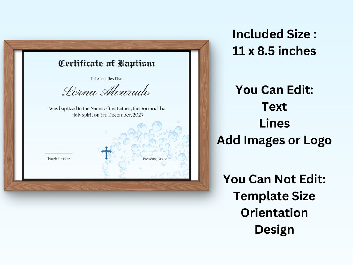 Baptism Certificate Template Blue Cross Watercolor Keepsake Print - Image 6