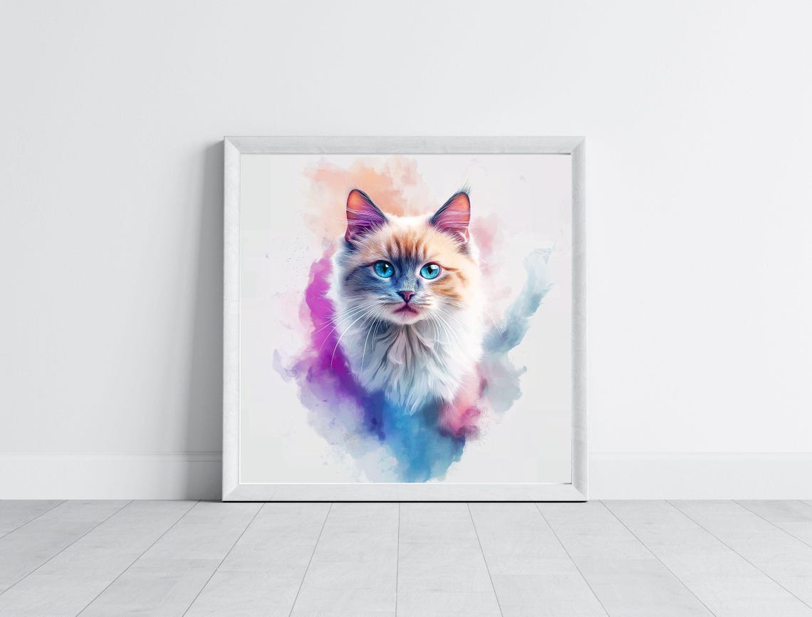 Blue Eyed Kitten Watercolor Portrait Pastel Splash Cat Poster - Image 5