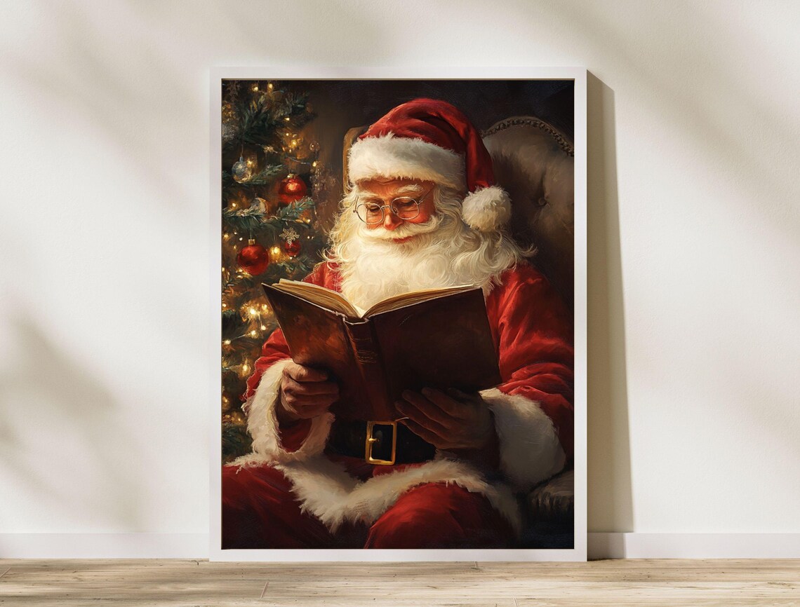 Santa Claus Reading Book by Christmas Tree Cozy Holiday Poster - Image 8