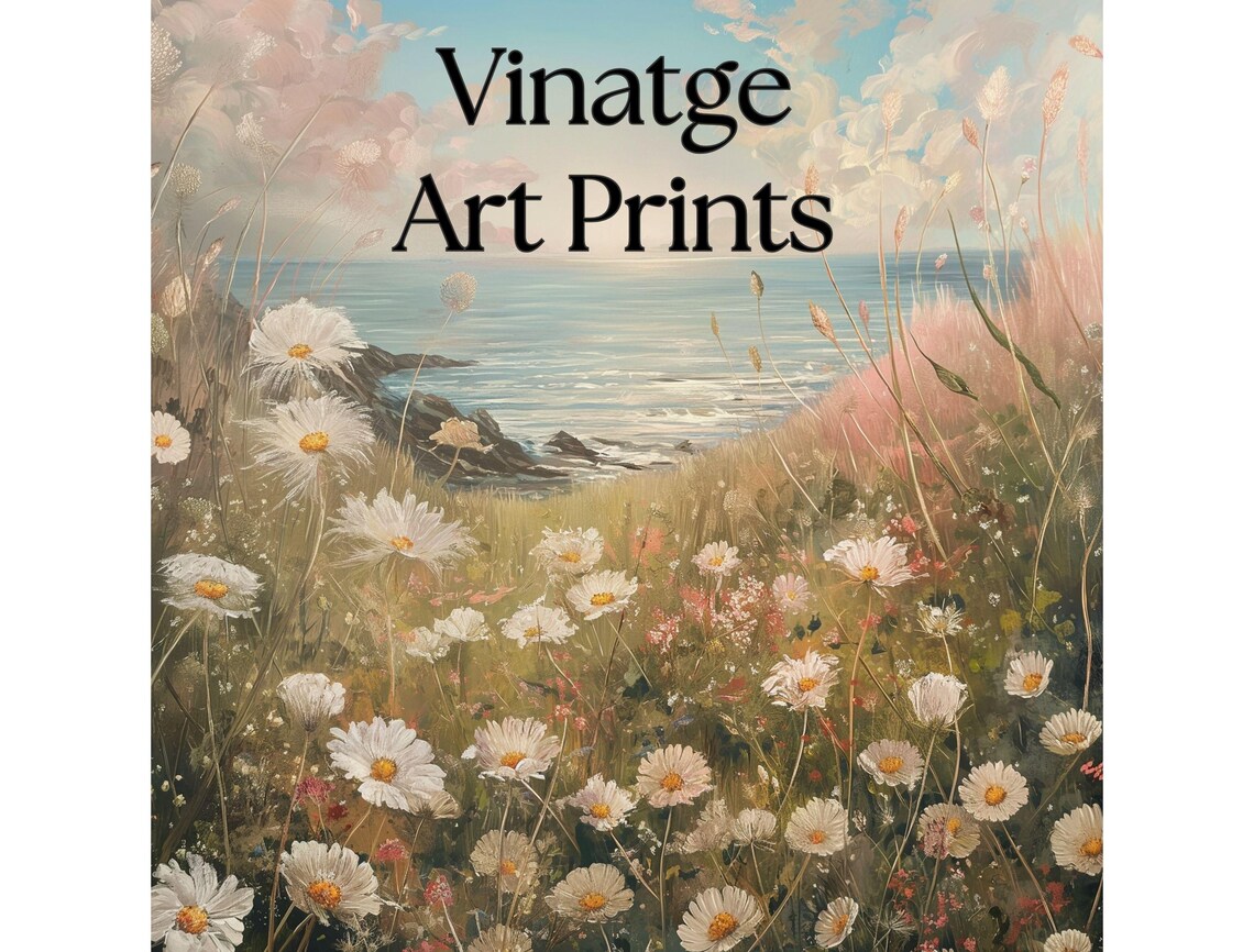 White Daisies Coastal Cliff Sea View Vintage Floral Art Poster - Image 4
