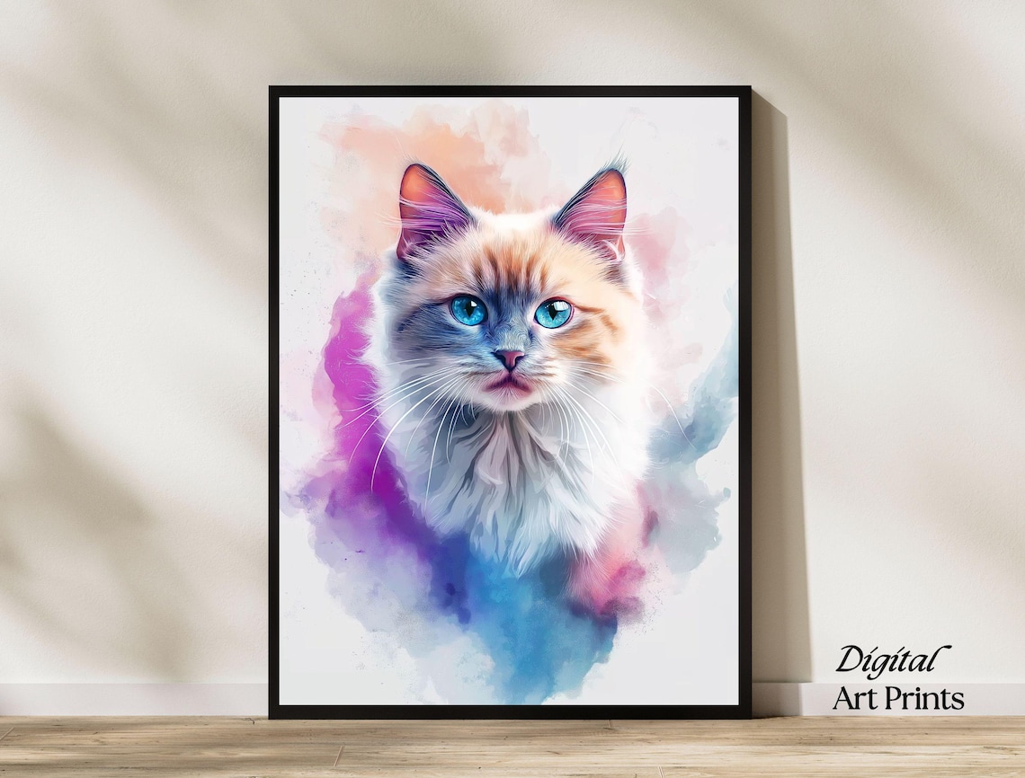 Blue Eyed Kitten Watercolor Portrait Pastel Splash Cat Poster